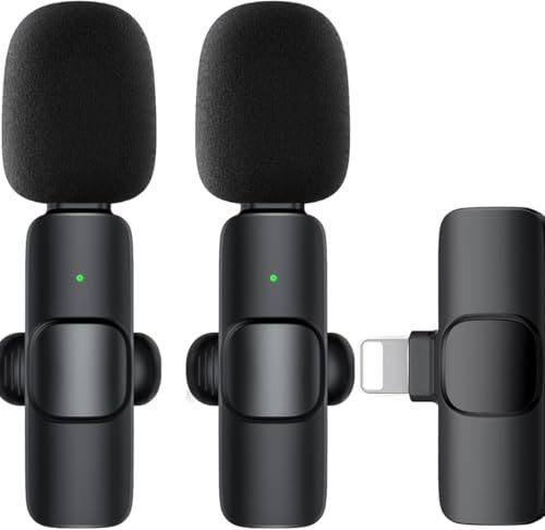 Wireless Lavalier Microphone for iPhone, 2 Pack Mini Microphone with Noise Reduction and Crystal Sound Clip-On Lapel Mic for Professional Video Recording, Vlog, YouTube, TikTok, Interview, Podcast