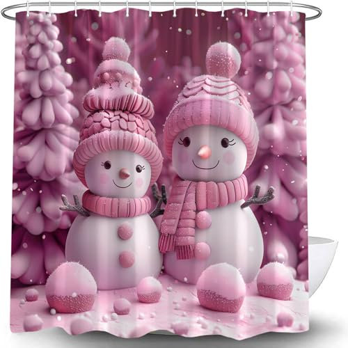 Duschvorhang für den Winter, Weihnachten, Schneemann, niedlicher rosa Schneemann, Tannenbaum, Kugel, Schneeflocke, rustikal, Winter, verschneit, Wald, Bauernhaus, Winterurlaub, Neujahr,