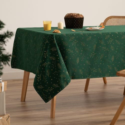 GAMUSI Tischdecke für Weihnachten, Jacquard, Goldgarn, Esstisch, rechteckig, Weihnachtsdekoration, 140 x 300 cm, Grün