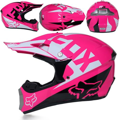 SMTSEC Motocross Helm Damen Herren Full Face MTB Helm Motorradhelm Cross DOT/ECE-Zertifizierter Mit Schutzbrillen Maske Handschuhe Downhill Helm Mopedhelm Schutzhelm Für Cruiser Chopper,Pink-M