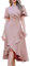 MUADRESS Robe à manches courtes et col en V pour femme - Robe de cocktail mi-longue à volants fendus, rose poudré, Taille XL