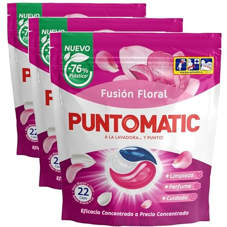 PUNTOMATIC | Cápsulas Tricámara Floral | Detergente Lavadora para Ropa Blanca y de Color | Quitamanchas | 22 lavados (Paquete de 3)