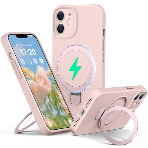 PuyaTeya Liquid Silicone Case for iPhone 11 with Magnetic Ring Stand, Upgraded camera lens protection, Mil-Grade Drop Shockproof, Anti-Scratch Microfiber Lining Silicone Case(Pink)