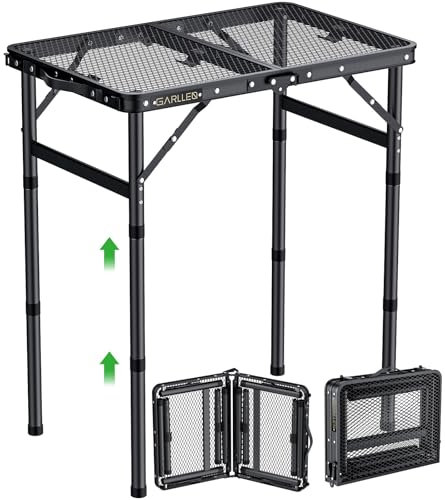 GARLLRN Table de Barbecue Pliante de 0,6 m, 3 Hauteurs Réglables(26/48/70cm), Table de Camping Légère avec Bureau en Maille Résistante à la Chaleur, Tables d'extérieur Portables