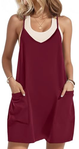 Zeagoo Womens Summer Dresses Sleeveless Dress Casual V Neck Spaghetti Strap Dress Floaty Plain Knee Length Sundresses with Pockets Wine Red M