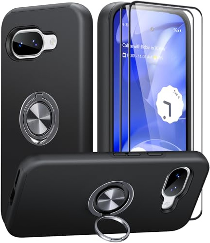AOUIA für Google Pixel 9A Hülle mit 2 Stück Schutzfolie, Militärischer Schutz Stoßfest Pixel 9A Hülle mit 360° Drehbarem Ring Kickstand Handyhülle für Google Pixel 9a, Schwarz