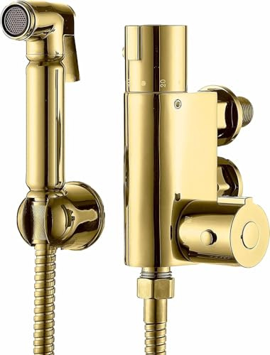 Xcel Home Gold Thermostatic Bidet Douche Kit | Brass | Muslim Shattaf Hose | Shower Head for Toilet and Bathroom | Adjustable Hot & Cold Water Spray | Holder & Hygiene Set