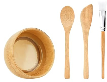 FSSTUD Ensemble de 4 outils pour mélanger des masques faciaux en bois - Bol pour soins de la peau du visage, cuillère, spatule, pinceau applicateur - Kit de beauté pour masques faciaux DIY - Ensemble