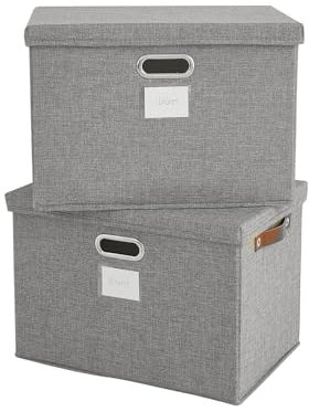 Bagnizer Storage Boxes with Lids Foldable 2PCS Fabric Large Storage Baskets Stackable Storage Bins for Shelves Organizer Bins for Clothes Wardrobe Grey Collapsible Decorative Storage 43x30x30cm