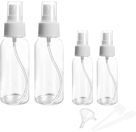 MOYWYCNO Small Spray Bottle Set 4pcs Travel Mini Empty Spray Bottles for Makeup, Skincare, Hair, Cleaning Portable Refillable Plastic Spray Container with Tools (20ml and 50ml)