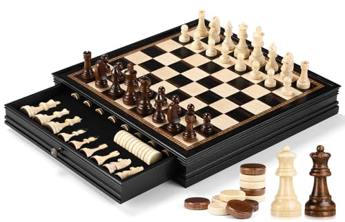 Peradix Schach Dame Spiel 2 in 1 Magnetisch Schachspiel aus Holz, 38 cm Schachbrett mit Aufbewahrungsschublade und 2 Queen-Stücke, Spielzeug und Geschenk für Kinder (Schwarz)