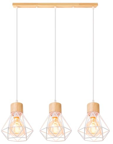 TOKIUS 3-flammig Pendelleuchte Vintage 16CM Industrial Lampe mit Geometrischem Design E27 Hängelampe aus Holz Eisen Käfig Lampenschirm Weiß Hängeleuchte für Esstisch Küche Wohnzimmer (Balken)