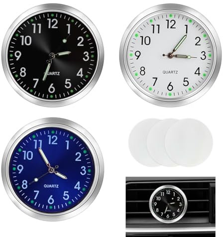 3 Pezzi Orologio per Auto, Mini Orologi Attaccare Cruscotto con Nastro Biadesivo, Orologio Quarzo In Metallo per Auto, Moto, Barche, per Decorazione Interni Veicolo, Colori Nero, Bianco e Blu