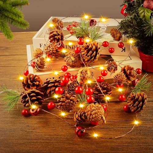 UYUYong Weihnachts-tannenzapfen-lichterketten 3 M 30 LEDs Rote Beerengirlande mit Lichtern Glöckchen Kiefernzapfen Weihnachtsbeleuchtung, für Baum Mantel Kamin Treppen Geländer Tür Innen Außen Deko