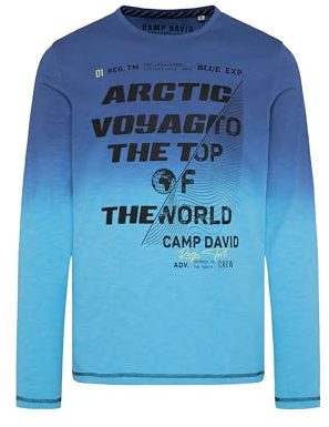Camp David Herren Longsleeve Dip Dye mit Label Prints Power Blue, XXL