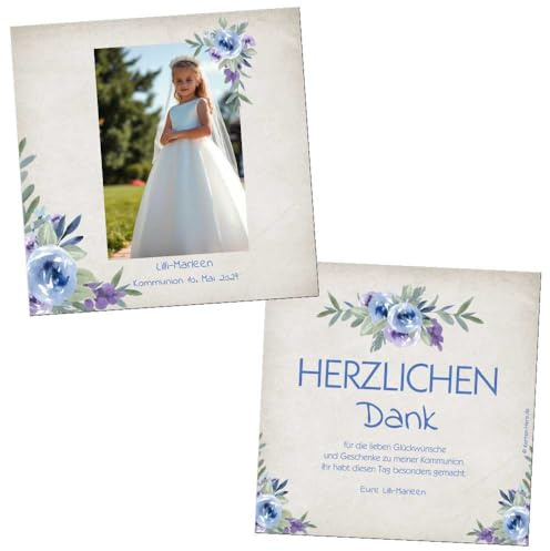Unser-Festtag Dankeskarte Kommunion mit Foto, Personalisierbar, Quadratisch 14,5 x 14,5 cm, Beidseitig Bedruckt, Karton, Lavendel Design, 5-100 Stück