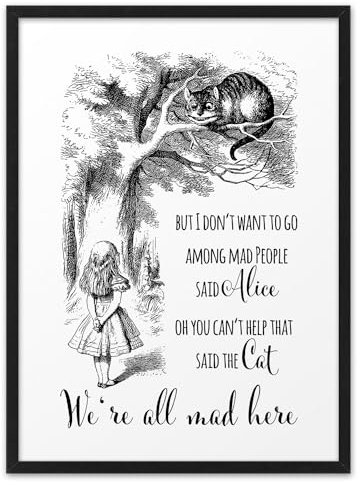 ALICE WE’RE ALL MAD HERE | ABOUKI Kunstdruck | Lewis Carroll Alice im Wunderland Poster Bild Plakat Grinsekatze Hase Hutmacher Geschenke Sprüche Wanddekoration | DIN A4, A3 / Rahmen optional
