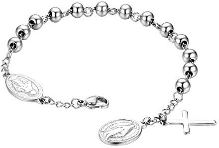 Flongo Rosenkranz Herren Armband Damen Armkette Kette, Edelstahl Kugelkette Armreif Silber Jungfrau Maria Heilige Maria Mutter Gottes mit Kreuz Medallion Anhänger