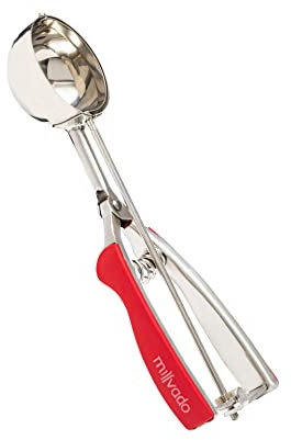 Millvado Stainless Steel Ice Cream and Cookie Scoop | Large Sized, With Red Rubber Grips, Spring Loaded Lever Design, For Sorbet, Melon, Meatballs, Muffins, and More, 3 Ounce Scooper