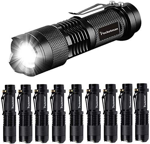 POCKETMAN Mini LED Flashlight - High Lumens Portable Q5 Tactical Lamp, Adjustable Focus Zoomable Light for Gift, Hiking, Camping & Power Outage (10 Pack)
