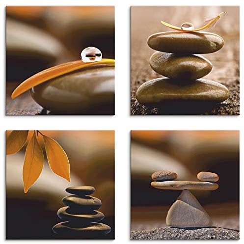 ARTLAND Wanddeko Wellness Bilder Leinwand Bilder Set 4tlg. je 30x30 cm Quadratisch Wandbilder Zen Blumen Blätter Tropfen Stein Pyramide K2GF