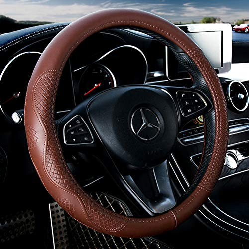Menifomory Braune Rindsleder-Lenkradabdeckung, Universalgröße M / 15 Zoll, passend für Auto/Auto/SUV (A-Braun-M)