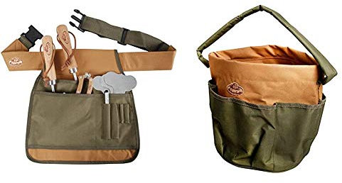 Esschert Design Gartengerätegürtel, grün, 34 x 3.8 x 34, GT04 & Gartengerätetasche, Rund, grün, 28 x 28 x 26 cm, GT05