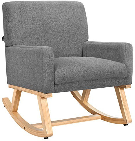 COSTWAY Relax Rocking Chair, Fabric Upholstered Single Sofa Armchair with Solid Wood Legs, Modern Padded Leisure Rocker Chairs for Home Living Room Bedroom (Grey)