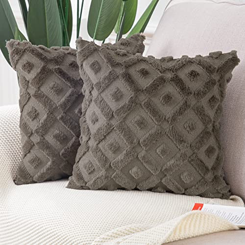 Madizz 2er Set Sanft Plüsch Kurze Wolle Samt Dekorativ Zierkissenbezüge Luxus Stil Kissenbezug für Sofa für Schlafzimmer Taupe 45x45 cm Quadrat