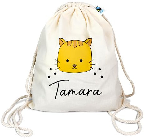 Bio Turnbeutel mit Namen personalisiert & Bedruckt | Motiv Katze Gelb | Stoffbeutel Schuhbeutel Sportbeutel Wäschebeutel Rucksack für Kinder Jungen & Mädchen | inkl. NAMENSDRUCK