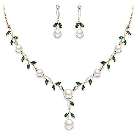 Ever Faith Wedding Jewelry for Bride CZ Green Crystal Simulated Pearl Floral Vine Filigree Necklace Earrings Set for Woman Gold-Tone