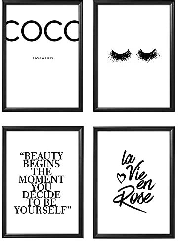 Ensemble d'images encadrées ou d'affiches modernes - Ensemble de 4 affiches murales pour salon, chambre et cuisine (30x40 cm, Cadre Noir Simple, Coco La Vie En Rose)