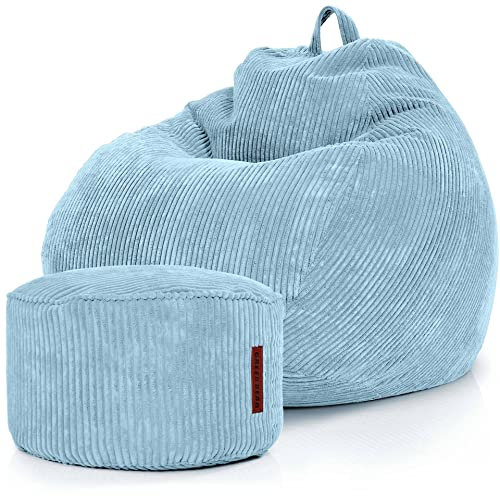Green Bean® 2er Set Indoor XXL Sitzsack + Pouf mit EPS-Perlen Füllung - Fußhocker Fußkissen Hocker Bodenkissen Liegekissen Sitzkissen Lounge Chair - Hellblau