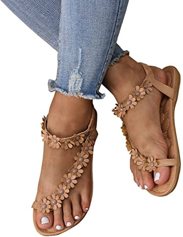 Zilosconcy Damen Sandalen Lässige Lace Spitze Riemchen Elegante Flip Flop Sandals Schuhe Flache Römische Zehe Ring Römersandalen Sandalen Zehentrenner Blumen Gladiator Strandsandalen Sommerschuhe