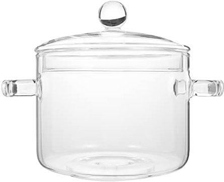 Pentola in vetro borosilicato con coperchio e doppio manico, ideale per zuppe e stufati, trasparente, 1350 ml, adatta al microonde e al piano cottura