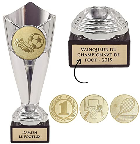 KDO MAGIC - Trophée Personnalisable - Coupe personnalisé avec Gravure - Cadeau fête des pères, noël, Retraite, événement Sportif - Or/Bronze/Argent (Argent, Foot)