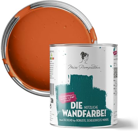 MissPompadour abwaschbare Wandfarbe Orange mit Goldfisch 1 L, matt | Scheuerbeständige Innenfarbe, wasserbasiert, hohe Deckkraft, einfache Verarbeitung, für Putz, Tapeten, Gipskarton, Raufaser