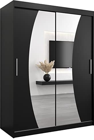 MEBLE KRYSPOL Wave 150 Schlafzimmerschrank mit Zwei Schiebetüren, Spiegel, Kleiderstange und Regalen – 150x200x62cm - Mattschwarz