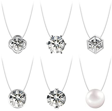 Kaisoil 6 Stück Damen Nylonkette Transparent Halskette, Durchsichtige Halskette mit Schwebender Stein, Nylonband Halskette mit 6mm 8mm 10mm Zirkonia Perle Anhänger