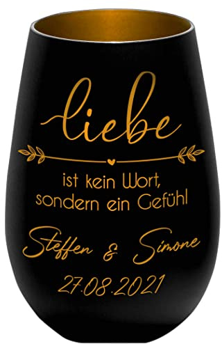 Hochzeitsgeschenk - Windlicht - Liebe ist kein Wort sondern EIN Gefühl - Schwarz/Gold - personalisierbar - Gravur Namen und Datum - Liebe - Valentinstag - Jahrestag