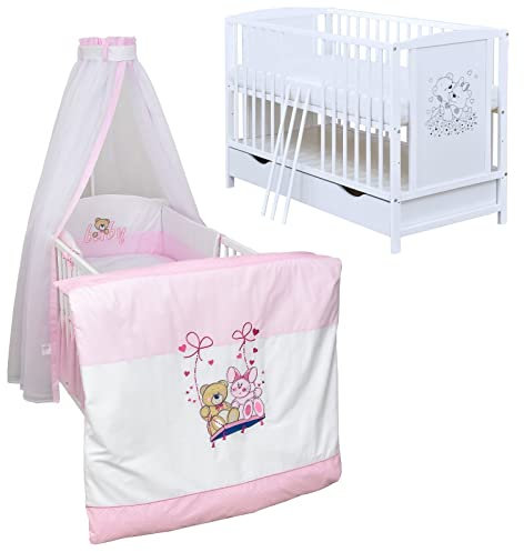 Generisch Baby Delux Babybett Komplett Set Mia umbaubar zum Juniorbett weiß 120x60 Matratze Schublade Schutzgitter Bettset Premium (Schaukelfreunde)