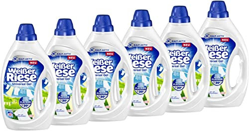 Weißer Riese Universal Gel (6x22 Waschladungen), Vollwaschmittel sorgt für strahlend saubere Wäsche & wirkt riesig stark gegen Flecken, Kalt-Aktiv schon ab 20° C, 100% recycelbar*