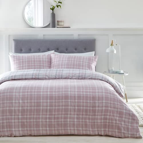 Portfolio Tartan Reversable Luxury Brushed Cotton Bedding 100% Cotton Flannelette Duvet Set With Pillowcases Checkered bedding Super Soft Easy Care Easy Iron Machine Washable (Pink, Double), (MTARD)