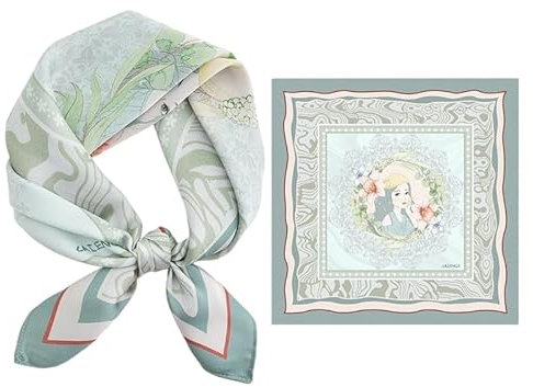 GIMIRO Schal aus imitierter Seide [53 x 53cm] Quadratische Schals Seidenschal Mint-Weiß Florales Design mit Kunstmotiv Elegantes Accessoire (Light Green-Girl in Flowers)
