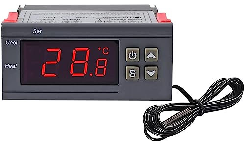 Greluma 1 Pieza Controlador de Temperatura Digital AC 110V-220V 10A, Pantalla LED Digital Termostato de enfriamiento de calefacción Salida de relé 2 con sonda de sensores NTC 10K de 1 m