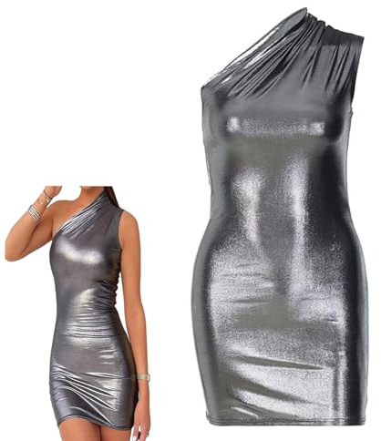 Vestido Brillante para Mujer, Mini Vestido metálico con un Hombro Fruncido, Falda de Cadera metálica con Aspecto Mojado, Vestido de cóctel Sexy de Cuero sintético sin Mangas, Mini Vestido Ajustado