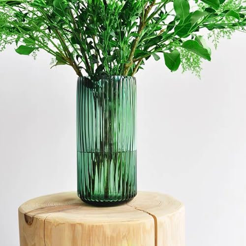 Vase en Verre Strié Cylindrique Transparent Vert pour Fleurs - Décoration Mariage, Bureau, Fête, Table, Centres de Table - Cadeau
