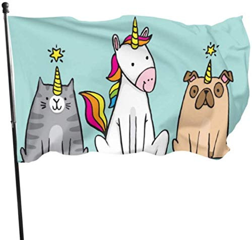 Garten Flagge 90x150cm, Ein Einhorn, Eine Katze, Ein Caticorn Und Ein Mops, Ein Unipig Saison Flagge Langlebig Fahne Verblassen Beständig Dekoratives Banner, Für Bauernhaus, Veranda