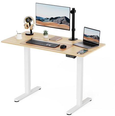 VonHaus Electric Standing Desk, Height Adjustable Sit Stand Desk w/Anti-Collision & Height Preset Technology, Cable Management & USB-C Charging, 120x60cm, Two Piece Wooden Desktop & White Frame