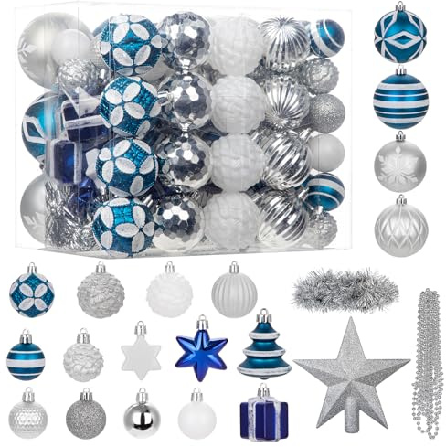 Hollyone 100PCS Weihnachtskugel Set Kunststoff, Bruchsicher Weihnachtsornamente, Verschieden Christbaumkugeln Hängeornamente für Weihnachtsbaum Feiertage Partys Home Deko, Blau Silber & Weiß